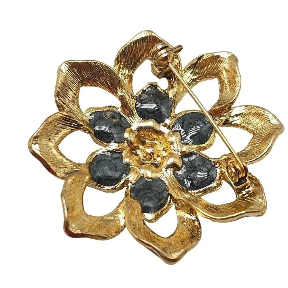 Black Red Enamel Rhinestone Floral Openwork Brooch Pin Gold Tone Vintage